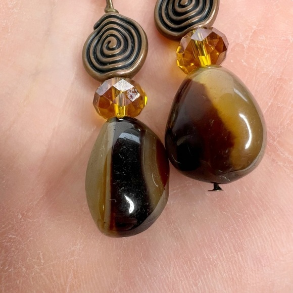 Natural Stone & Antiqued Brass Swirl Amber Faceted Bead Dangle Pierced Earrings - Picture 6 of 8